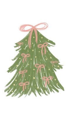 a drawing of a green christmas tree with pink bows