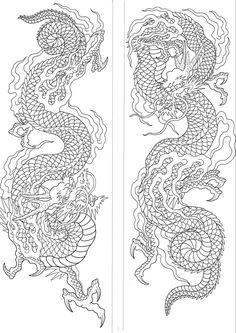 two black and white dragon tattoos on one side, the other side has an intricate design