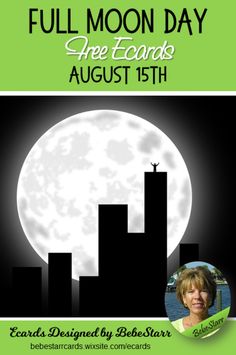 a flyer for the full moon day with an image of a woman in front of a city