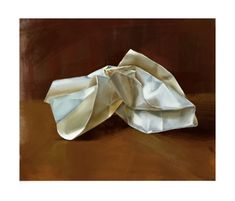 an abstract painting of folded white paper on a brown tableclothed surface, with light reflecting off the edges