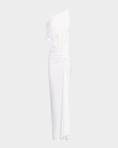 "Find CHRISTOPHER ESBER Lever Twisted Cutout One-shoulder Gown on Editorialist. Christopher Esber \"Lever\" draped gown featuring a knotted shoulder and a twisted waist cutout Oneshoulder neckline Shortsleeve right; sleeveless left Column silhouette Full length Invisible back zip Viscose Imported" White Gown With Asymmetrical Neckline For Evening, White Maxi Dress With Draped Sleeves For Evening, White Draped Evening Dress For Gala, White Draped Maxi Dress For Evening, White Pre-draped Draped Evening Dress, Elegant White Draped One Shoulder Dress, Draped Gown, Cutout Gown, Drape Gowns