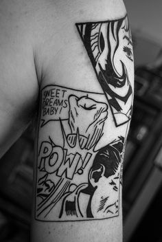 a man with a tattoo on his arm that says sweet dreams baby and pow boy