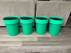 three green plastic trash cans sitting on top of a wooden floor next to two couches