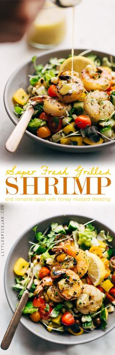 two plates with shrimp and vegetables on them, one is being drizzled with dressing