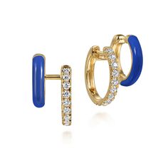 14K Yellow Gold Diamond Stuggies Earrings with Dark Blue Enamel Blue Huggie Hoop Earrings In Fine Jewelry, Blue Fine Jewelry Huggie Earrings As Gift, Blue Huggie Earrings Fine Jewelry Gift, Blue Fine Jewelry Huggie Earrings For Gift, Elegant Blue Drop Huggie Earrings, Luxury Blue Enamel Earrings, Gold Diamond, Dark Blue, Yellow Gold