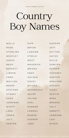 the country boy names are shown in black and white on a beige watercolor background