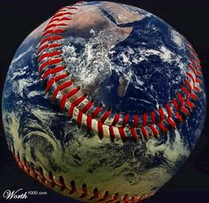 a baseball with red stitching on it sitting in front of the earth and black background