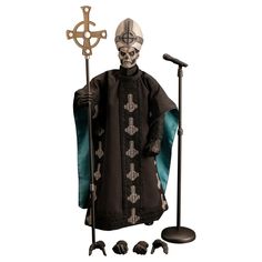 a skeleton dressed in black with a cross on it's head and two microphones