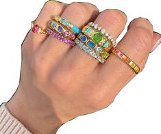 Multicolor Stackable Fine Jewelry, Fine Jewelry: Multicolor Stackable Pieces, Fine Jewelry Multicolor Gemstones With Accents, Mosaic Design, Mosaic Designs, Pear Cut, Gold Band, Yellow Gold Rings, Gold Bands