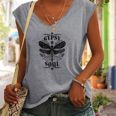 Gypsy Soul T-Shirt Round Neckline Sleeveless New In Package Summer Graphic Print V-neck Tank Top, Summer V-neck Tank Top With Graphic Print, Casual Spring Vest With Graphic Print, Casual Graphic Print Vest For Spring, Spring Graphic Tee Sleeveless Top, Spring Sleeveless Graphic Tee, Sleeveless Spring Graphic Tee, Sleeveless Graphic Tee For Spring, Spring Graphic Sleeveless Tank Top