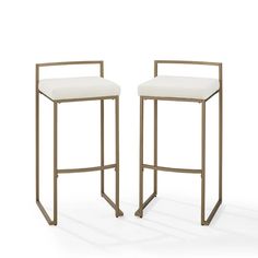 two modern barstools with white upholstered seat cushions on each one side