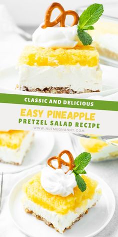 two pieces of pineapple cheesecake with pretzel and whipped cream on top