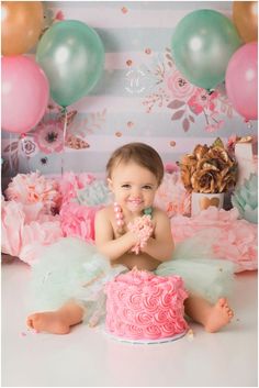 Tacoma Cake Smash Photographer Baby Girl Photoshooting Cake Smash, Pink Cake Smash Photoshoot, Light Pink Smash Cake, Floral Cake Smash Photography, Hot Pink Cakes, Teal Cake, Smash Cake Girl Photoshop, Smash Cake Girl