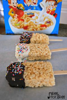 rice krispy treats are lined up on a table