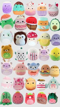 many different stuffed animals are shown together in this collage with the same colors and shapes