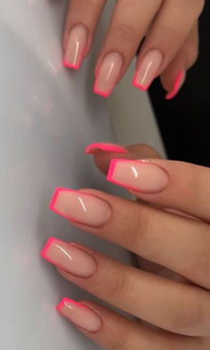 pink French tip nails: neon hot pink tips French Tip Acrylic Nails, Basic Nails, Classy Acrylic Nails, Tip Nails, Acrylic Nails Coffin Short, Pink Nail, Pink Acrylic Nails