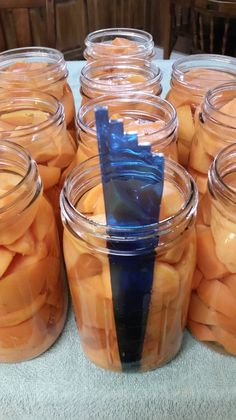 several jars filled with sliced up carrots on top of a table