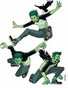 three different poses of a skateboarder with green hair and black pants, one in the