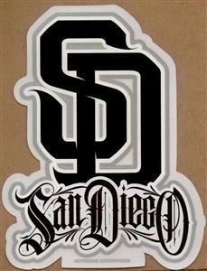 the san diego logo is shown in black and white on a brown paper background,