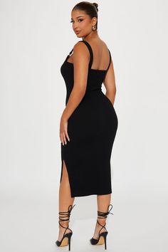 Available In Orange, Black, Cream, Olive, And Fuchsia. Knit Midi Dress Spaghetti Straps Square Neckline O-Ring Detail Double Side Slits Stretch Disclaimer Pattern Placement 66% Polyester 30% Cotton 4% Spandex Imported | Tay Knit Midi Dress in Black size Medium by Fashion Nova Date Night Fashion, Night Fashion, Dress Spaghetti Straps, Dress Spaghetti, Knit Midi, Knit Midi Dress, Split Hem, Spaghetti Strap Dresses, Black Midi Dress