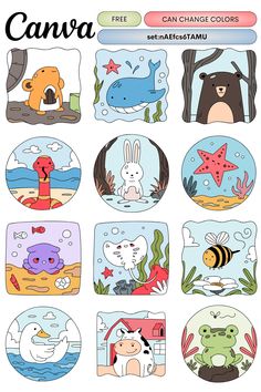 an image of cartoon animals and sea creatures with text that reads canva change colors