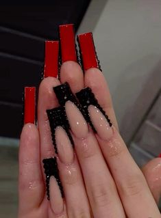 Fuerza Regida Nail Ideas, Red And Black And Gold Nails, Black Nails Red Underneath, Fuerza Regida Nails, Black And Red Acrylic Nails Ideas, Red And Black Birthday Nails, Long Black French Tip Nails, Nails Square Design, Black French Tip Nails Square