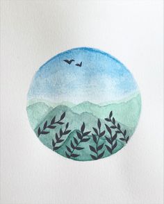 a watercolor painting of mountains and trees with birds flying in the sky over them