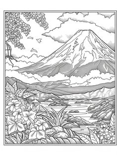 a black and white drawing of a mountain with flowers