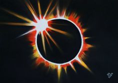 a painting of a sun eclipse in the dark sky with bright orange and yellow colors