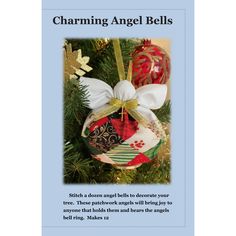 a christmas ornament hanging from a tree with the words charming angel bells on it