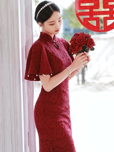 Modern Chinese Wedding Dress Red Cheongsam Red Qipao - Etsy Ao Dai Plus Size, Chinese Dress Design, Luxury Red Cheongsam For Wedding, Modern Chinese Fashion, Red Long Sleeve Cheongsam For Wedding, Chinese Dress Modern, Red Spring Wedding Cheongsam, Chinese Bridal Dress, Luxury Red Party Cheongsam