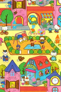 an image of a cartoon town with lots of houses and cats on it's walls