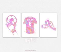 three watercolor paintings of soccer gear