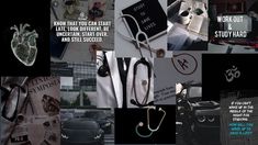 a collage of various medical related items including stethoscopes and books