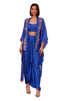 Blue kimono top with tilla, dori, brass bead and sequins embroidery. Comes with a bustier and a belt. - Aza Fashions Royal Blue Blouse Piece For Diwali, Royal Blue Blouse For Diwali, Blue Blouse Piece For Eid, Blue Designer Tops With Zari Work, Blue Bollywood Top For Designer Wear, Designer Blue Tops With Zari Work, Traditional Blue Tops For Party, Blue Bollywood Designer Top, Blue Traditional Drape Top For Wedding