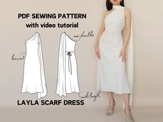 VIDEO TUTORIAL: https://youtu.be/pjbXm_II-j0 This one shoulder midi scarf dress digital PDF sewing pattern features an elegant midi-length dress cut on bias grain, creating a beautiful and flowing silhouette that complements a woman's curves. The statement scarf piece effortlessly elevates the dress, adding an extra touch of grace. 1 cm seam allowances included in the pattern. YOUR PURCHASE INCLUDES: - 1 PDF file of an instruction booklet with 25 pages containing more than 90 images and illustra Dress Pattern One Shoulder, One Shoulder Dress Pattern Sewing, One Shoulder Dress Sewing Pattern, One Shoulder Dress Pattern, Statement Scarf, Belle Silhouette, Bias Cut Dress, Cut Dress, Scarf Dress