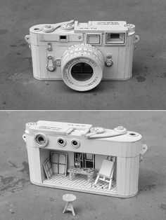 two pictures of an old fashioned camera and the same one is in black and white