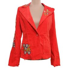 Elevate Your Wardrobe With This Striking Red Jacket From Johnny Was Jw Los Angeles. Crafted From A Comfortable Cotton Blend, It Features Vibrant Floral Embroidery, Making It An Eye-Catching Piece That Effortlessly Combines Style And Comfort. Embroidered Floral Design 97% Cotton, 3% Spandex Medium Size Single Button Closure Two Front Pockets Long Sleeves One Button Front Closure Red Corduroy Fabric Statement Jacket Raw Hem Detail Johnny Was, Country, Boho, Preppy, Embroidered, Floral, Corduroy, S Embroidered Long-sleeve Cotton Blazer, Embroidered Long Sleeve Cotton Blazer, Embroidered Cotton Long Sleeve Blazer, Casual Embroidered Blazer For Fall, Embroidered Cotton Blazer With Long Sleeves, Casual Embroidered Long Sleeve Blazer, Casual Red Embroidered Outerwear, Casual Embroidered Blazer With Long Sleeves, Embroidered Red Outerwear For Spring