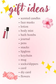 a pink poster with the words gift ideas on it and flowers in front of it