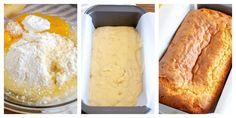 three pictures showing different types of bread in pans and one with butter on top