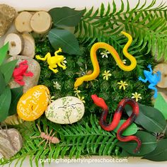 an assortment of fake animals and plants in a display case with rocks, leaves, and stones