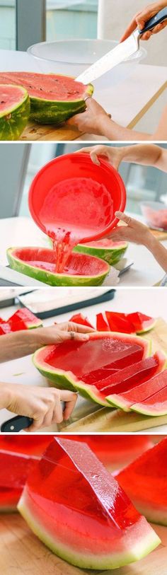 slices of watermelon are being cut into wedges