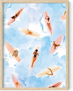 a painting of people on surfboards floating in the air with clouds and blue sky behind them