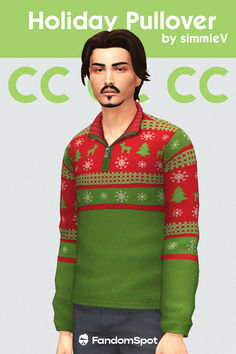 an animated man wearing a green and red sweater