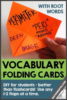 two orange origami pieces with words written on them and the words,'vocabulaary folding cards '