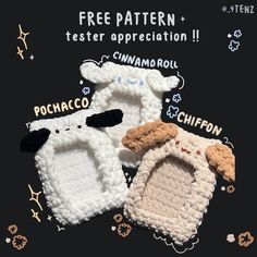 free pattern cinnamoroll pochacco chiffon Free Crochet Patterns Websites, Crochet Projects With Patterns, Crochet Idea Free Pattern, Crochet Patterns No Stuffing, Next Crochet Project, Crochet Ideas When Bored, Aesthetic Crochet Grid Pattern, Acnh Crochet Patterns Free, Small Plush Crochet Pattern Free