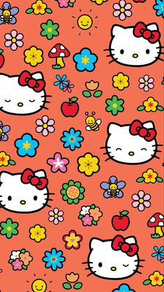 an image of hello kitty wallpaper with many flowers and butterflies on orange background,