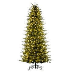 a tall christmas tree with lights on it's sides and a metal stand in the foreground