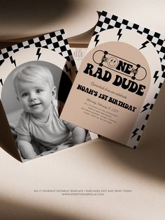 a baby's first birthday party card with a photo on the front and back