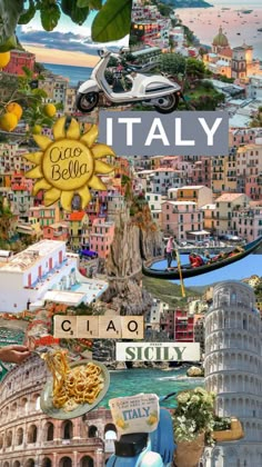 the collage is made up of many different pictures and words, including an image of italy